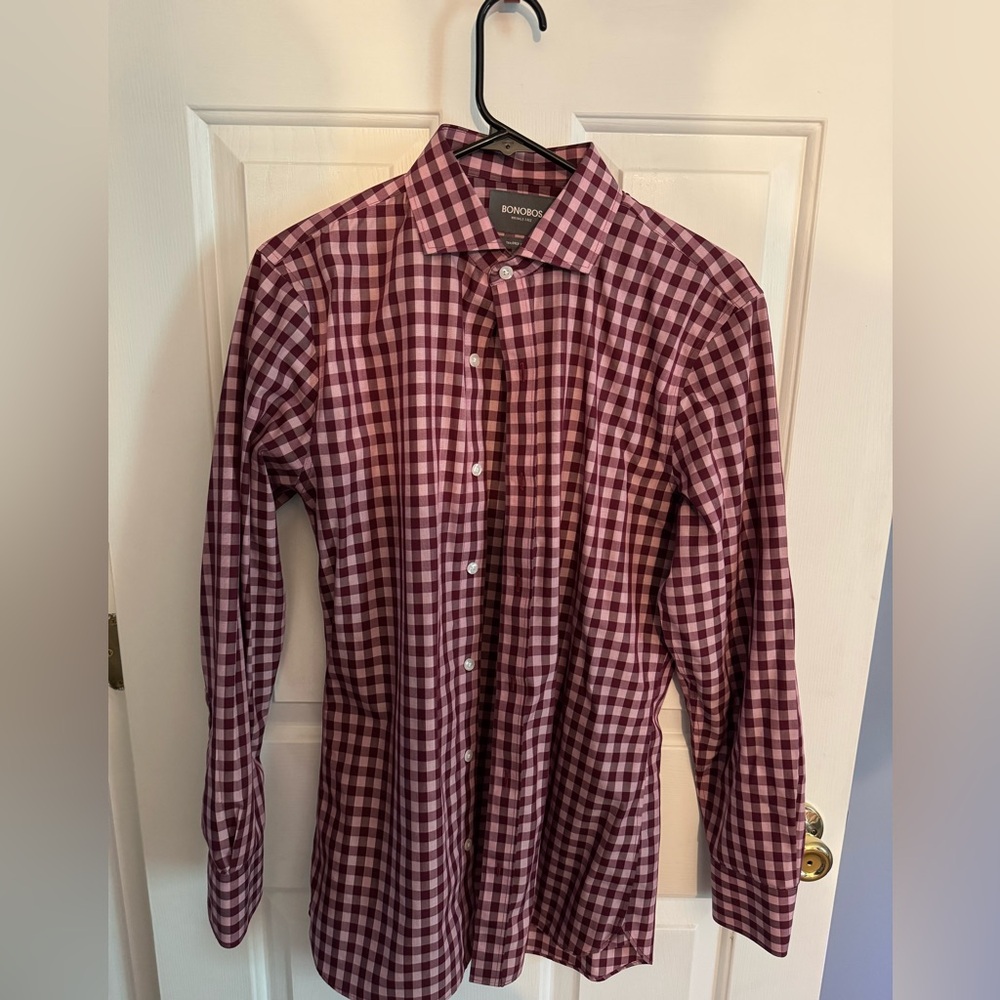 Bonobos Red Checkered Button Down Shirt Classic Gingham Tailored Fit 15 1/2 33